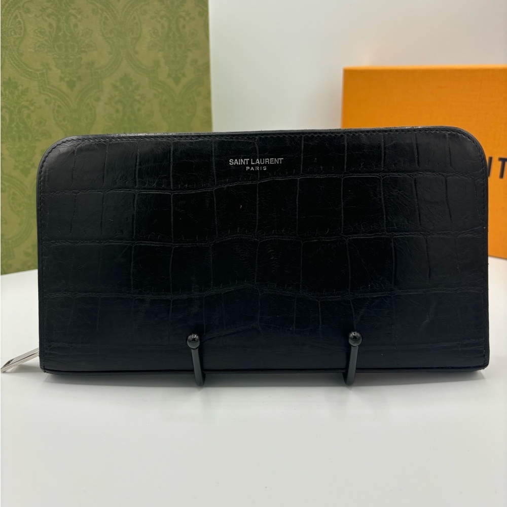 Yves Saint Laurent YSL Black Crocodile Embossed Leather Zip Around Wallet